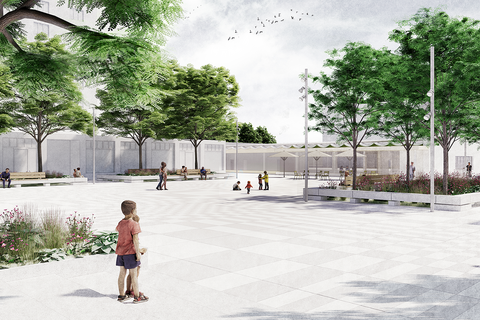 „Architektur-Visualisierung eines hell gepflasterten Stadtplatzes mit schattenspendenden Bäumen, Blumenbeeten, Holzbänken und flanierenden Passanten.“