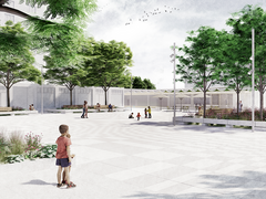 „Architektur-Visualisierung eines hell gepflasterten Stadtplatzes mit schattenspendenden Bäumen, Blumenbeeten, Holzbänken und flanierenden Passanten.“