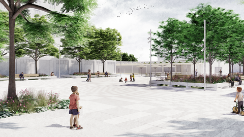 „Architektur-Visualisierung eines hell gepflasterten Stadtplatzes mit schattenspendenden Bäumen, Blumenbeeten, Holzbänken und flanierenden Passanten.“