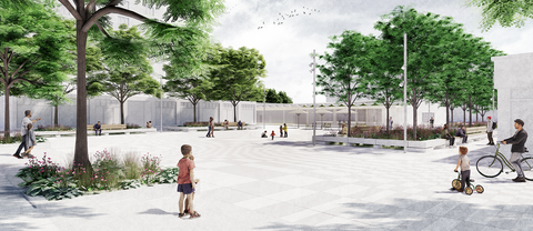 „Architektur-Visualisierung eines hell gepflasterten Stadtplatzes mit schattenspendenden Bäumen, Blumenbeeten, Holzbänken und flanierenden Passanten.“