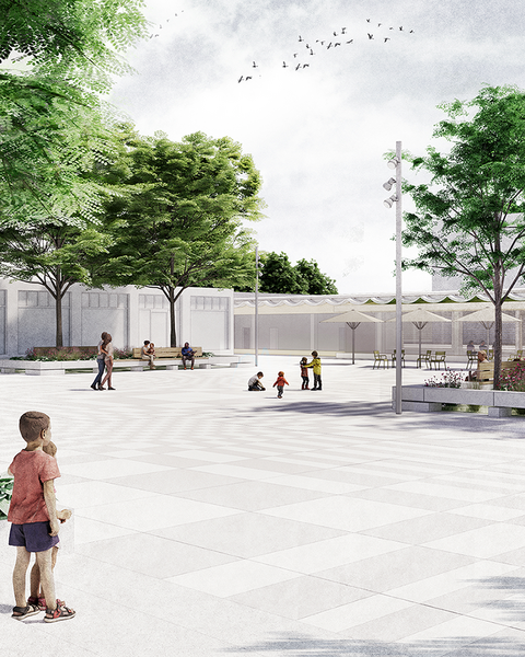 „Architektur-Visualisierung eines hell gepflasterten Stadtplatzes mit schattenspendenden Bäumen, Blumenbeeten, Holzbänken und flanierenden Passanten.“