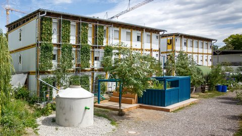 Zweigeschossiges modulares Gebäude aus grauem Wellblech mit gelben Stahlrahmen. Die Südfassade ist vollständig mit lebender Efeu-Begrünung bedeckt. Im Vordergrund ein betonierter Speichertank mit grünem Auslaufrohr, daneben ein blauer Containerbau als Dienstraum. Stahlkonstruktionen und Kräne deuten auf Baustelle hin. Trockenes Kiesgelände mit einzelnen Gehölzen.