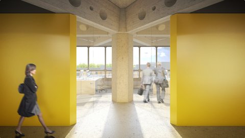Eine architektonische Visualisierung aus der Zentralperspektive, die einen modernen, brutalistischen Büroraum zeigt. Zwei leuchtend gelbe Trennwände rahmen den Eingang zu einem hellen Großraumbüro ein. Die Decke besteht aus grobem Sichtbeton mit markanten kreisrunden Aussparungen. In der Mitte steht eine hexagonale Säule. Durch die Glasschiebetüren sind Schreibtische mit Computern und eine Person im Anzug zu sehen. Links im Vordergrund geht eine Frau in einem schwarzen Mantel, rechts im Hintergrund eine weitere Person. Große Fensterfronten zeigen eine Grünfläche im Hintergrund.