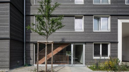 Eingangsbereich eines Wohngebäudes mit verglaster Tür und sichtbarer Treppe im Inneren.