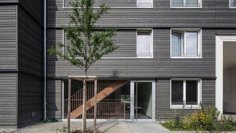 Eingangsbereich eines Wohngebäudes mit verglaster Tür und sichtbarer Treppe im Inneren.