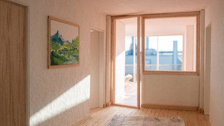 Innenraum, Flur zur Loggia Alt: Heller Flur mit Holz- und Putzoberflächen; links Landschaftsbild; Teppich am Boden; Glas-Schiebetür zur sonnigen Loggia.