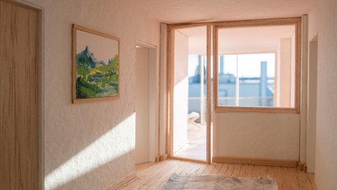 Innenraum, Flur zur Loggia Alt: Heller Flur mit Holz- und Putzoberflächen; links Landschaftsbild; Teppich am Boden; Glas-Schiebetür zur sonnigen Loggia.