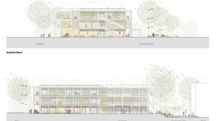 Weitere Fassadenansichten eines dreigeschossigen Schulgebäudes mit Außenräumen und begrünten Laubengängen.