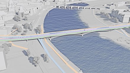 Eine abstrahierte, axonometrische Darstellung zeigt den Verlauf der Brücke über den Fluss mit farblich markierten Verkehrs- und Nutzungszonen im städtischen Umfeld, wodurch das Bild planerische Zusammenhänge verdeutlicht und für Transparenz, Analyse und strategische Entwurfsarbeit im Infrastrukturbau steht.