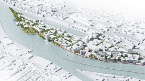 Vogelperspektive eines 3D‑Stadtmodells an einem breiten Fluss: langes Uferquartier auf schmaler Halbinsel mit Blockbebauung, Baumreihen, Parks und Promenade; weiße Gebäudemodelle, kleine Boote im Wasser.