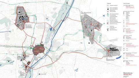 Masterplan mit Standorten, Verkehrsachsen und Entwicklungsbereichen für Olympia 20++.
