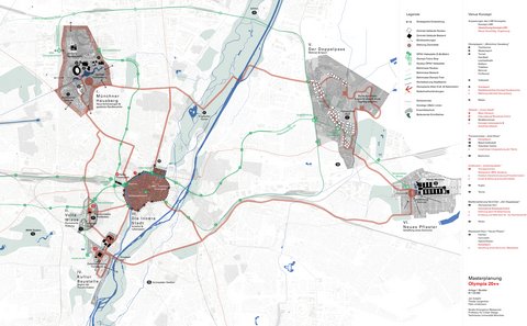 Masterplan mit Standorten, Verkehrsachsen und Entwicklungsbereichen für Olympia 20++.