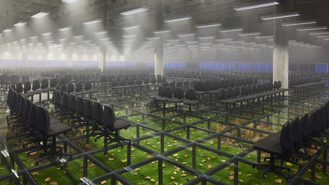 "Weitläufiger Saal mit zahlreichen Stuhlreihen auf einem erhöhten Glasboden. Darunter sind grüne Pflanzen und Blätter verteilt. Gleichmäßig angeordnete Deckenleuchten und leichte Nebelwirkung erzeugen eine ruhige, atmosphärische Stimmung."