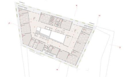 Schwarz-weiße Linienzeichnung eines Grundrisses der dritten Etage eines Gebäudes mit verschiedenen Räumen und Fluren