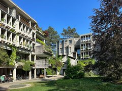 Moderner Wohnkomplex mit drei mehrstöckigen Gebäuden aus Beton und Glas,  begrünt mit Efeu und Rankpflanzen. Im Innenhof Fahrräder, Bänke und  grüne Wiese unter blauem Himmel.