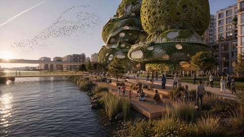 Überfülltes Flussufer im Sonnenuntergang mit einer Uferpromenade aus Holzplanken, im Hintergrund steht ein futuristisches, grün bewachsenes Gebäude aus ovalen, felsartigen Formen.