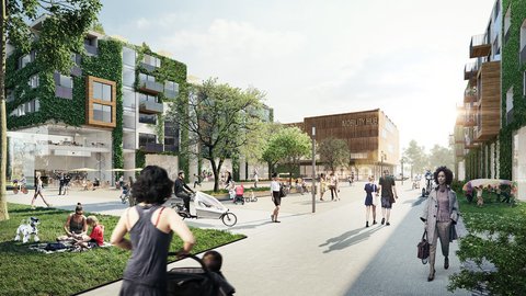 Belebter, moderner Quartiersplatz mit begrünten Gebäudefassaden, flanierenden Menschen, Lastenrädern und einem „Mobility Hub“-Gebäude im Hintergrund.