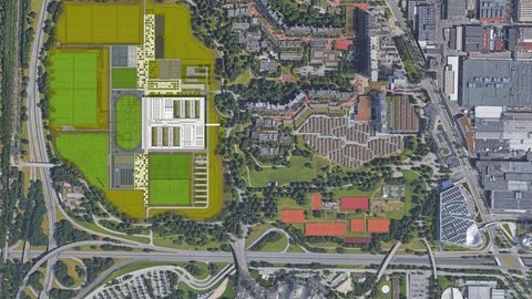 Lageplan des TUM Campus München mit Gebäuden, Sportanlagen und Grünflächen.