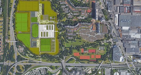 Lageplan des TUM Campus München mit Gebäuden, Sportanlagen und Grünflächen.