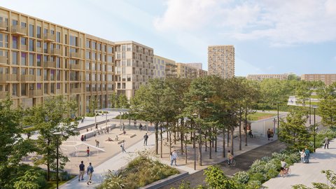 Digitale Visualisierung eines modernen Wohnquartiers in Holzbauweise mit einem begrünten Parkbereich, Sandspielplatz, Bäumen und Fußgängern im Vordergrund.
