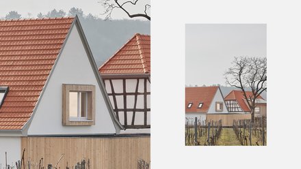 Detailaufnahme: rote Dachziegel und Giebel zweier neuerer Einfamilienhäuser mit Holzverkleidung im Sockelbereich; im Vordergrund Reihen junger Rebstöcke, im Hintergrund Nebelwall am Hang. Vertikale Ansicht: Blick über ein kleines Wohnensemble mit Giebeldächern und kahlem Baum, ruhige ländliche Stimmung bei milder Dämmerung.