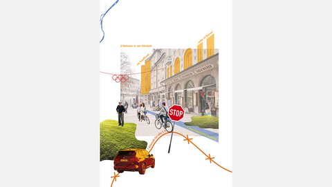 Illustration einer umgestalteten Straße mit Radverkehr, Fußwegen und Stadtgrün.