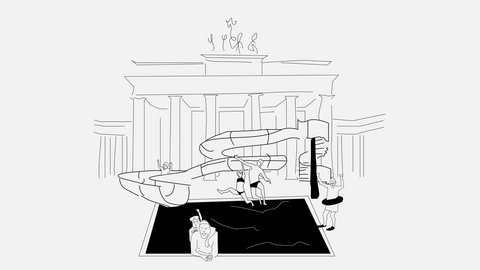 „Eine minimalistische Schwarz-Weiß-Zeichnung: Vor dem Brandenburger Tor steht eine große Wasserrutsche, die in ein schwarzes Schwimmbecken mit planschenden Figuren mündet.“