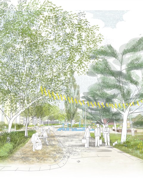 Zeichnerische Darstellung eines öffentlichen Parks mit großen Bäumen, Wegen, Blumenwiesen und Sitzbereichen. Mehrere Menschen halten sich im Park auf, einige sitzen oder gehen spazieren. Im Hintergrund sind Gebäude und Wasserflächen angedeutet.