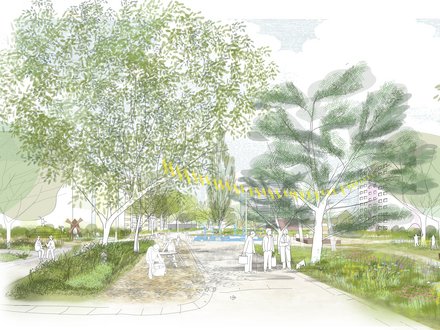 Zeichnerische Darstellung eines öffentlichen Parks mit großen Bäumen, Wegen, Blumenwiesen und Sitzbereichen. Mehrere Menschen halten sich im Park auf, einige sitzen oder gehen spazieren. Im Hintergrund sind Gebäude und Wasserflächen angedeutet.