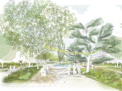 Zeichnerische Darstellung eines öffentlichen Parks mit großen Bäumen, Wegen, Blumenwiesen und Sitzbereichen. Mehrere Menschen halten sich im Park auf, einige sitzen oder gehen spazieren. Im Hintergrund sind Gebäude und Wasserflächen angedeutet.