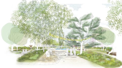 Zeichnerische Darstellung eines öffentlichen Parks mit großen Bäumen, Wegen, Blumenwiesen und Sitzbereichen. Mehrere Menschen halten sich im Park auf, einige sitzen oder gehen spazieren. Im Hintergrund sind Gebäude und Wasserflächen angedeutet.