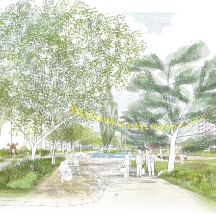 Zeichnerische Darstellung eines öffentlichen Parks mit großen Bäumen, Wegen, Blumenwiesen und Sitzbereichen. Mehrere Menschen halten sich im Park auf, einige sitzen oder gehen spazieren. Im Hintergrund sind Gebäude und Wasserflächen angedeutet.