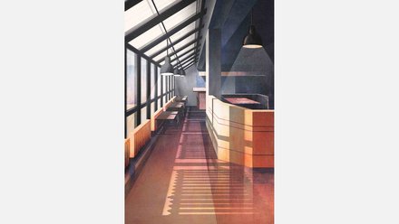 Illustration eines verglasten Korridors mit Oberlicht, Sitznischen und Hängelampen; warmes Sonnenlicht wirft lange Schatten.