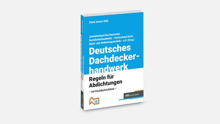 Buchcover: blau‑weißes Fachbuch „Deutsches Dachdeckerhandwerk – Regeln für Abdichtungen“, Stand Januar 2026; Titel und Verlagsangaben (Rudolf Müller) auf klarem weißem Hintergrund.
