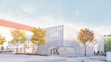 Visualisierung eines modernen öffentlichen Gebäudes mit transparenter Fassade und Vorplatz.