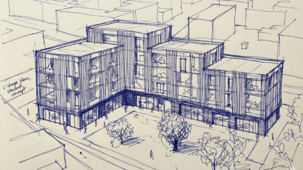 Skizze in blauer Tinte: L‑förmiges, gestapeltes Gebäude mit Arkade, Bäumen und Figuren im Hof.