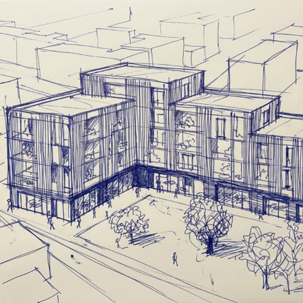 Skizze in blauer Tinte: L‑förmiges, gestapeltes Gebäude mit Arkade, Bäumen und Figuren im Hof.