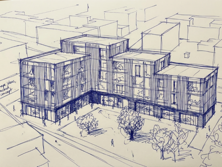 Skizze in blauer Tinte: L‑förmiges, gestapeltes Gebäude mit Arkade, Bäumen und Figuren im Hof.