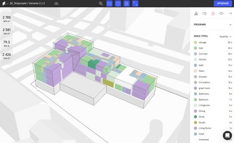 Screenshot eines Planungs-Tools: farbcodierte Raumprogramme in L‑Baukörpern, Kennzahlen links.