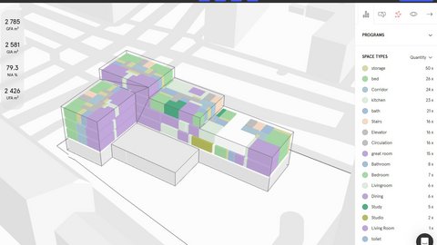 Screenshot eines Planungs-Tools: farbcodierte Raumprogramme in L‑Baukörpern, Kennzahlen links.