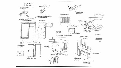 Handgezeichnete Übersicht zu Konstruktionselementen: Ziegel, Trockenbau, Heizkörper, Leitungs- und Kabelsysteme, Fenster- und Möbeldetails.