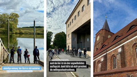 Bild 5.1 (Fluss und Radfahrer): "Vier Fahrradfahrer mit Fahrrädern stehen an einem Fluss. Im Hintergrund flache Feldlandschaft. Hellblauer Text-Overlay unten. Standort: Fürstenberg Oder, Brandenburg."  Bild 5.2 (Gebäude mit Gruppe): "Eine moderne Gebäudefassade aus Betonplatten mit mehreren Fahrradfahrern davor. Grüne Bepflanzung und sonniger Tag. Text-Kasten verweist auf einen außergewöhnlichen Ausflugort, die Zwillingsschlachtschleuse."  Bild 5.3 (Rote Backsteinkirche): "Eine Kirchenfassade aus rotem Backstein mit Spitzdach und mehreren Fensterreihen unter blauem Himmel."