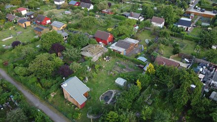 Luftaufnahme einer Kleingartenanlage mit kleinen Gartenhäusern, Beeten und vielen Bäumen.