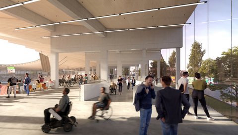 Architekturentwurf: Heller, barrierefreier Innenbereich des Stadions mit Betonpfeilern, großer Glasfront und vielen Besuchern, darunter mehrere Rollstuhlfahrer.