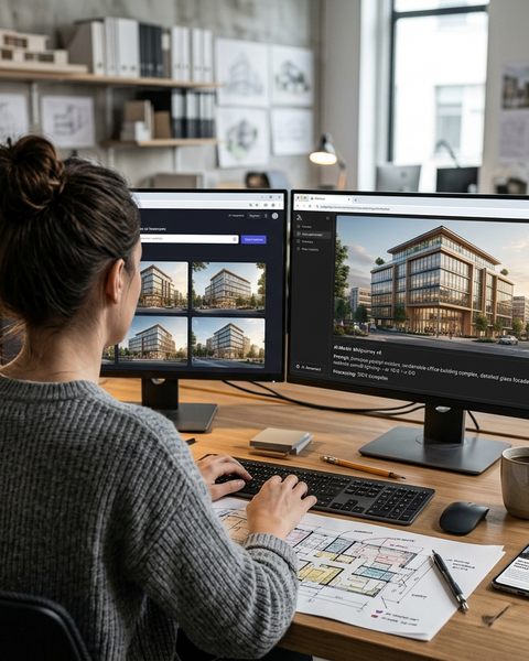 „Eine Frau arbeitet in einem Architekturbüro an zwei großen Bildschirmen, auf denen 3D-Visualisierungen eines mehrstöckigen Gebäudes zu sehen sind, während auf ihrem Schreibtisch gedruckte Baupläne liegen.“