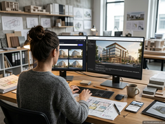 „Eine Frau arbeitet in einem Architekturbüro an zwei großen Bildschirmen, auf denen 3D-Visualisierungen eines mehrstöckigen Gebäudes zu sehen sind, während auf ihrem Schreibtisch gedruckte Baupläne liegen.“