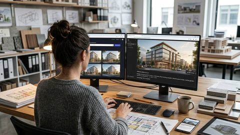 „Eine Frau arbeitet in einem Architekturbüro an zwei großen Bildschirmen, auf denen 3D-Visualisierungen eines mehrstöckigen Gebäudes zu sehen sind, während auf ihrem Schreibtisch gedruckte Baupläne liegen.“