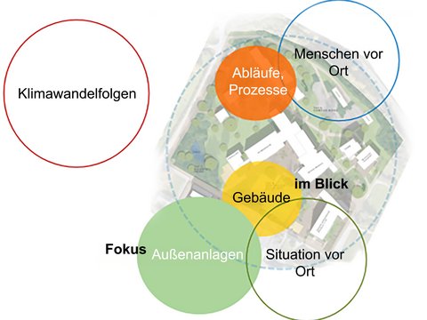 Schematische Diagramm-Grafik zur Standort- und Klimaanpassungsanalyse, überlagert auf einen abgeblassten Campusplan. Verschiedene farbige Kreise verdeutlichen die Analyseebenen: Ein roter Kreis außerhalb steht für „Klimawandelfolgen“. Die weiteren Kreise markieren die Faktoren vor Ort: „Fokus Außenanlagen“ (grün), „Gebäude“ (gelb), „Abläufe, Prozesse“ (orange), „Menschen vor Ort“ (blau) und „Situation vor Ort“ (dunkelgrün), zusammengefasst unter dem Begriff „im Blick“.