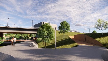 Eine Visualisierung zeigt einen landschaftlich gestalteten Brückenraum mit sanften Böschungen, Wegen und Aufenthaltsflächen, Menschen gehen zu Fuß entlang des Flusses oder unterqueren die Brücke, wodurch das Bild die Verknüpfung von Infrastruktur, Topografie und öffentlichem Raum darstellt und für barrierefreie Erschließung, Aufenthalt und landschaftsbezogene Stadtentwicklung steht.