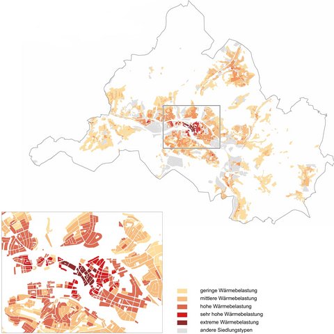 Karte von Saarbrücken mit farblich dargestellter thermischer Außenraumbelastung von geringer bis extremer Belastung und vergrößertem Ausschnitt der Innenstadt.